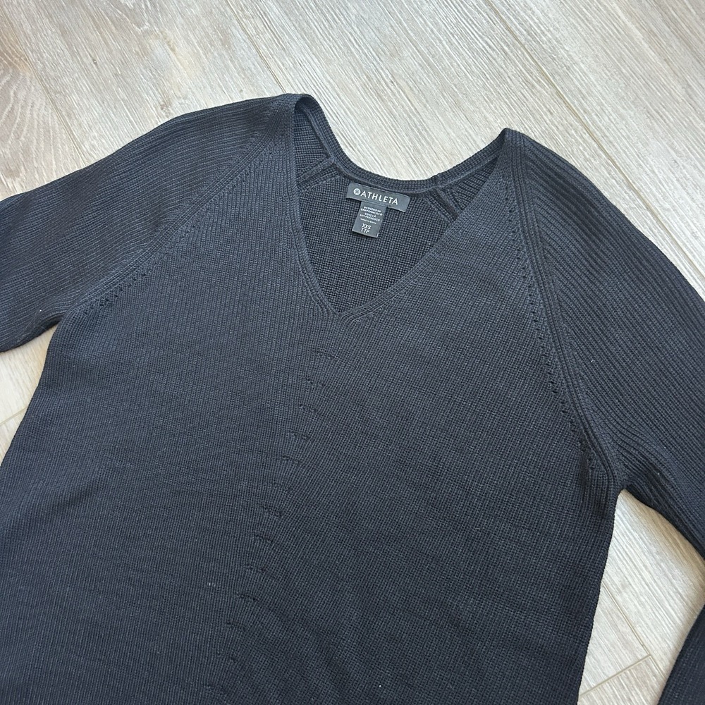 Athleta Hanover Refined V-Neck Sweater Women's XXS Black Merino Wool Blend Knit - Picture 5 of 10